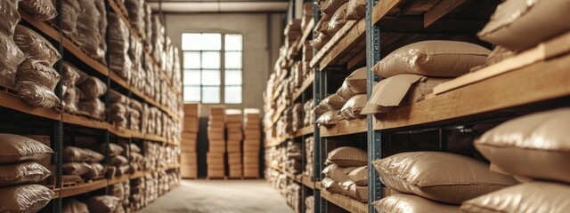 Poster - Warehouse interior with organized shelves filled with bags and cardboard boxes providing ample copy space for promotional text or signage