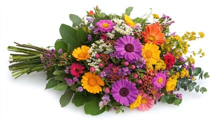 Poster - Colorful arrangement of diverse meadow flowers showcasing vibrant petals and greenery in a natural bouquet design