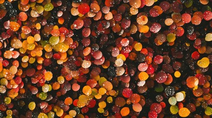Poster - Colorful autumn foliage with dew drops captured from above showcasing vibrant hues and textures, ideal for nature-themed designs and backgrounds.