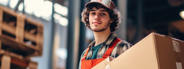 Poster - Warehouse worker engaged in shipping tasks holding a box with ample empty space for text in a bright, organized warehouse setting.