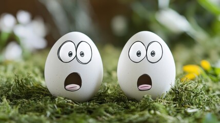 Poster - Easter decoration concept featuring two whimsical eggs with funny faces on a natural green backdrop