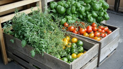 Leinwandbilder - Fresh organic tomatoes and herbs displayed in rustic wooden crates at a market showcasing vibrant produce and healthy ingredients.