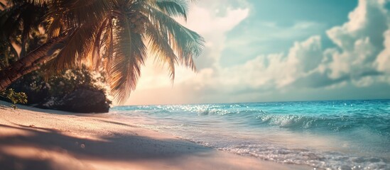 Aufkleber - Tropical beach paradise with palm trees and serene waves inviting relaxation and tranquility against a vibrant sunset sky.
