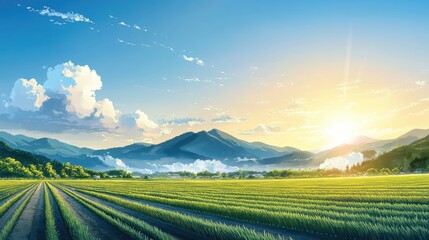 Aufkleber - Serene Sunrise Over Young Paddy Rice Field with Mountain View and Clear Blue Sky in a Peaceful Agricultural Landscape