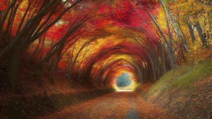 Aufkleber - Vibrant autumn forest tunnel with colorful leaves creating a captivating natural pathway through the trees.