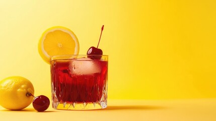 Poster - Refreshing cocktail with lemon and cherry on vibrant yellow background ideal for menu or promotional use with space for text.