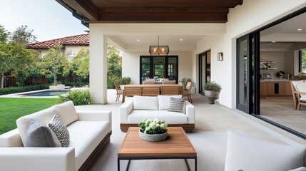 Wall Mural - Modern outdoor living space with elegant furniture and lush garden view in contemporary residential setting