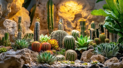 Aufkleber - Succulent garden under artificial light showcasing diverse cacti and plants creating a serene relaxation area with ample copy space for text