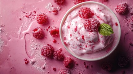 Poster - Delicious raspberry yogurt dessert in a bowl surrounded by fresh raspberries with copyspace for text in a vibrant pink setting