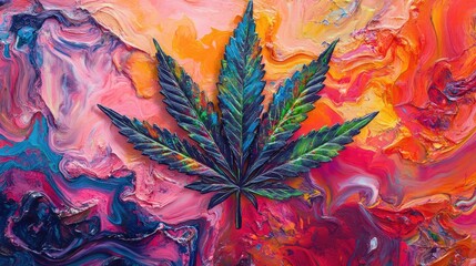 Aufkleber - Bold Cannabis Leaf Centered on Colorful Abstract Swirl Background with Rich Textures and Vibrant Hues for Creative Design Applications