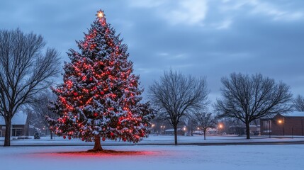 Poster - Festive Christmas tree adorned with red ornaments and twinkling lights, surrounded by a serene snowy landscape at dusk.