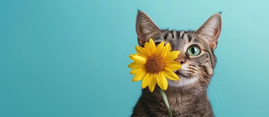 Cat with sunflower against a turquoise background showcasing a playful and whimsical vibe perfect for creative designs and text overlays