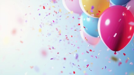 Poster - Festive celebration with colorful balloons and vibrant confetti creating a joyful atmosphere against a soft background for text space