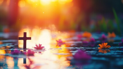 Fototapete - Serene Evening Pond with Colorful Flowers and Cross Reflection Offering Tranquil Atmosphere and Copyspace for Inspirational Text