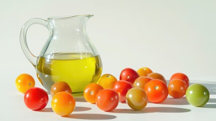 Leinwandbilder - Colorful juicy tomatoes with a jug of olive oil on a light background showcasing healthy organic food concept and vibrant ingredients.