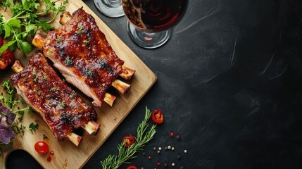 Aufkleber - Homemade spiced smoked ribs barbecue with wine on wooden board featuring empty space for text ideal for food advertising or promotions