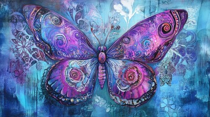 Aufkleber - Colorful butterfly artwork featuring intricate purple and blue patterns, set against a vibrant backdrop of floral designs and textures.