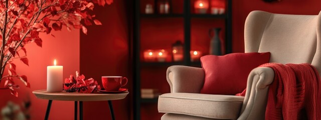 Aufkleber - Cozy living room with red autumn decor armchair coffee table and warm lighting creating an inviting atmosphere for relaxation and comfort