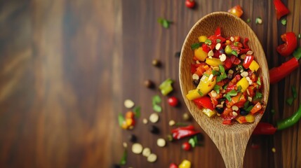 Poster - Close Up of Colorful Pepper Seeds in Wooden Spoon on Rustic Background with Blank Space for Culinary Text or Branding