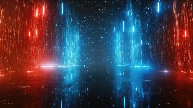 Glowing Red and Blue Digital Network Nodes with Abstract Background and Copy Space for Text in Futuristic Technology Concept.