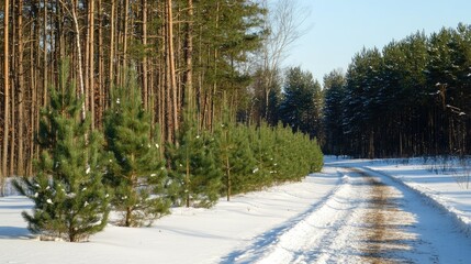 Poster - Winter forest scene featuring young green spruces and pine trees along a snow-covered road with clear blue skies and empty space for text
