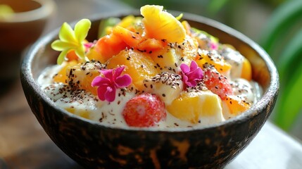 Poster - colorful tropical fruit salad garnished with edible flowers in rustic bowl