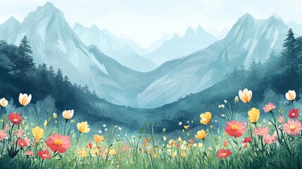 Aufkleber - Alpine landscape with vibrant wildflowers and majestic mountains creating a serene backdrop suitable for text insertion
