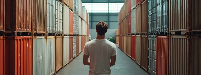 Poster - Warehouse manager overseeing organized moving containers in a spacious warehouse with ample space for text and branding elements