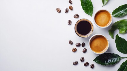 Poster - Vibrant coffee drinks with fresh leaves and coffee beans on white background ideal for text placement and promotional content