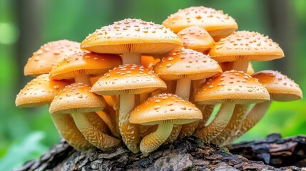 Aufkleber - Vibrant Cluster of Orange Mushrooms on Tree Trunk with Dew Drops and Empty Copyspace for Text in Lush Green Forest Setting