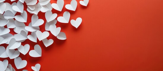 Poster - White paper hearts arranged on red background with ample empty space for personalized text or message.