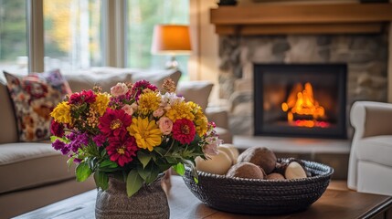 Aufkleber - Fresh colorful flower bouquet enhances a cozy living room featuring neutral decor and a warm fireplace ambiance.