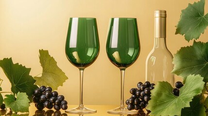 Poster - Elegant green wine glasses with white wine bottle surrounded by grape leaves and black grapes on a shimmering gold background mockup.