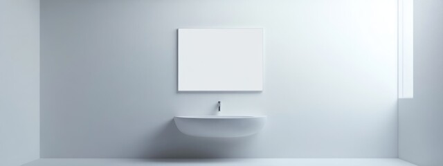 Poster - Modern minimalist bathroom interior with sleek sink and mirror against a bright white wall, providing ample empty space for text or design elements.