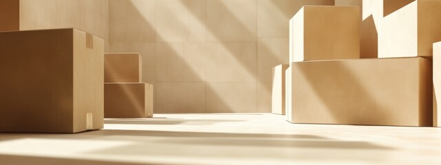 Poster - Cardboard Boxes in Warehouse Setting for Packing and Moving with Empty Space for Text or Branding on Floor and Wall Surfaces