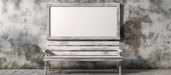 Poster - White photo frame placed on a rustic pine bench against a textured wall creating ample empty space for text or design elements.