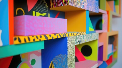 Aufkleber - Vibrant artistic bookshelf with colorful geometric designs and laser printed covers showcasing modern creative expression in interior decor.