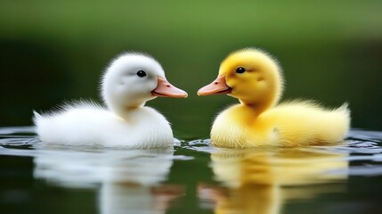 Poster - Ducks Swimming Together in a Serene Pond one White and One Yellow in Natural Habitat
