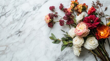 Aufkleber - Elegant floral arrangement featuring assorted flowers on a timeless marble surface showcasing vibrant colors and natural beauty.