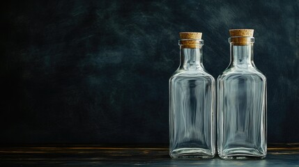 Fototapete - Empty glass bottles with cork stoppers on a dark background providing ample space for creative text placement or branding.