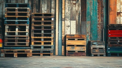 Poster - Rustic Wooden Palettes in An Aged Warehouse Setting with Empty Space for Text Placement Ideal for Vintage Nostalgia Themes
