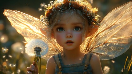 Poster - Whimsical scene of a fairy child with expressive eyes wearing overalls and a floral crown blowing dandelion seeds Her wings shimmer softly in the warm light as the seeds float through the air