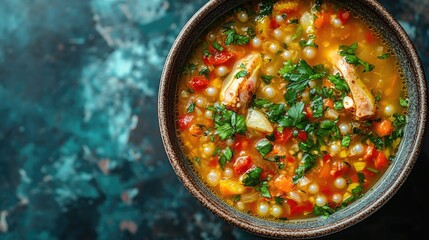 Poster - Colorful Pearl Vegetable Soup with Frog Legs in a Stylish Bowl Overhead View with Fresh Ingredients and Empty Space for Text