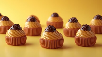 Aufkleber - Assorted cupcakes with chocolate topping arranged on a vibrant yellow background providing ample copyspace for text or promotional content