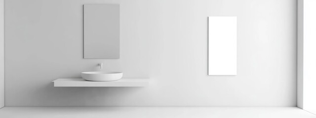 Poster - Minimalist White Bathroom Design with Sink and Mirror Showcasing Empty Space for Custom Text or Branding