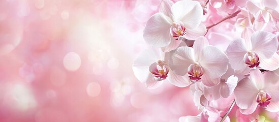 Poster - Elegant white orchids and delicate pink blossoms against a soft pink background with ample empty space for text and design elements