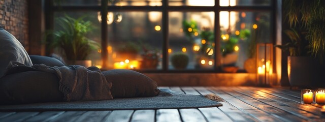 Poster - Warm and Cozy Indoor Space with Soft Lighting and Empty Copy Space for Relaxation and Text Insertion