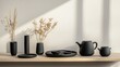 © Windi - Black pottery tea set, dried flowers, sunlit shelf, minimalist decor