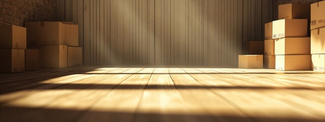 Poster - Warehouse Interior with Cardboard Boxes and Empty Space for Packing or Moving Text í‘œì‹œëœ