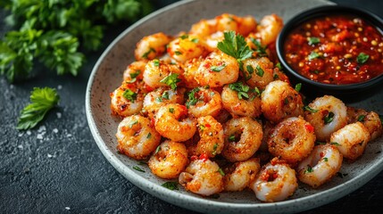 Poster - Fried squid garnished with herbs served on a plate with spicy dipping sauce and empty space for text in food presentation concept